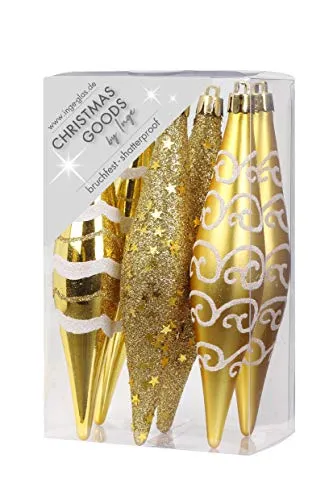 Inge-glas Christbaumschmuck Kunststoff 15cm 6 Stück Set Eiszapfen Weihnachtskugeln Gold