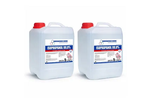 Ravensberger Chemie Isopropanol 99,9% IPA – Reinigungsalkohol für vielseitige Anwendungen (2 x 5 Liter) - Hochreiner Isopropanol 99,9 % – ideal zum Entfetten und Reinigen von Elektronik, Glas und mehr. Schnell verdunstend, rückstandsfrei und perfekt für präzise Anwendungen in Haushalt und Werkstatt.