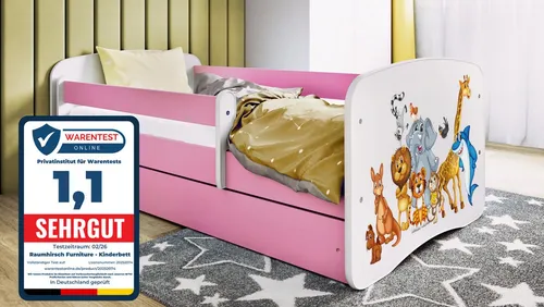 Raumhirsch Kinderbett Rosa 80x160 cm - Hochwertiges Kinderbett in Rosa mit abnehmbarer Schutzschiene für maximale Sicherheit. Praktische Schublade bietet Stauraum für Bettwäsche und mehr. Ideal für ein modernes Kinderzimmer.