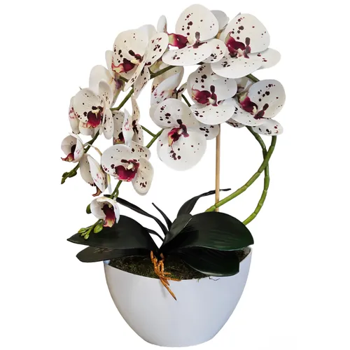 Damich Künstliche Orchidee 50cm im Blumentopf - Seiden- & Kunstblumen: Meisterhaft gestaltete, lebensechte Orchidee in einer eleganten weißen Vase, inklusive Stützstäbchen für stabile Präsentation.