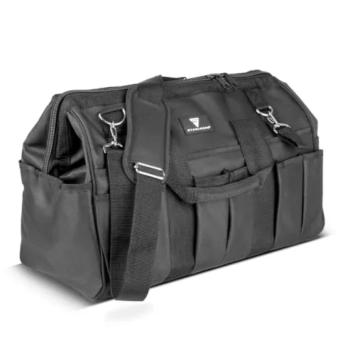 STAHLWERK Werkzeugtasche - XL-Hauptfach, 15 Außenfächer, 6 Innenfächer, robuste Installateur-Tasche, tragbare Montagetasche mit Griff, Schultergurt und Reißverschluss, strapazierfähiges Polyester-Gewe
