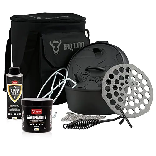 BBQ-Toro 8-teiliges Dutch Oven Starterset - Dutch Oven Set für vielseitige Outdoor-Kochmöglichkeiten, inklusive 4,2 Liter Gusseisentopf für zartes Garen und intensiven Geschmack.