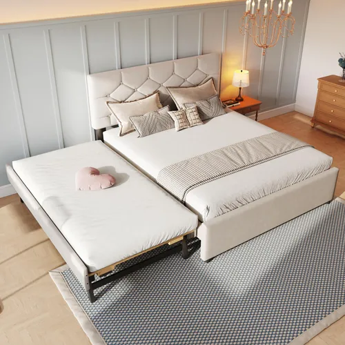 MODFU Polsterbett mit einer Matratze 140x200 Jugendbett mit MDF-Rahmen,Doppelbett mit ausziehbarem Rollbett,Lattenrost und Stauraum,Flanellbezug und Knopf-Kopfteil,Beige