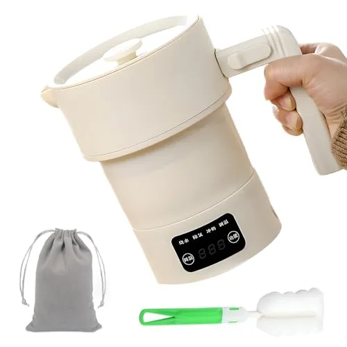 Reisewasserkocher klein, 600ml faltbarer Wasserkocher, Mini Wasserkocher Elektrisch tragbar Camping Reise für Tee Kaffee Babymilch Büro Hotel mit Temperaturanzeige BPA frei, Weiß