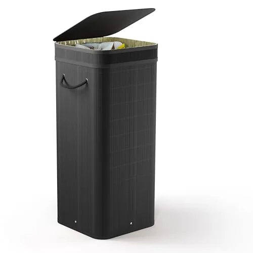 NewHabitat Gelber Sack Ständer aus Bambus – 80L Abfallbehälter mit geruchsdichtem Deckel