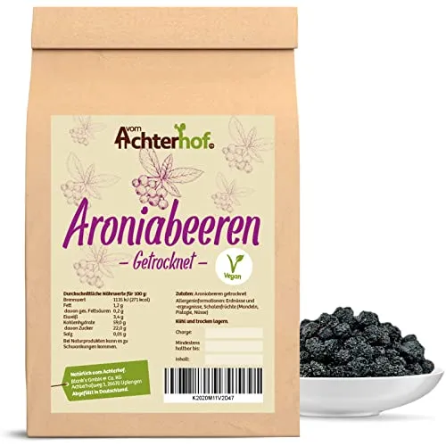 Aroniabeeren getrocknet 500g | feinste getrocknete Aronia-Beeren | süß-säuerlich-herb | ideal als Topping für Müsli, Porridge oder als Zutat für Obstsalat oder Gewürzkuchen | vom Achterhof