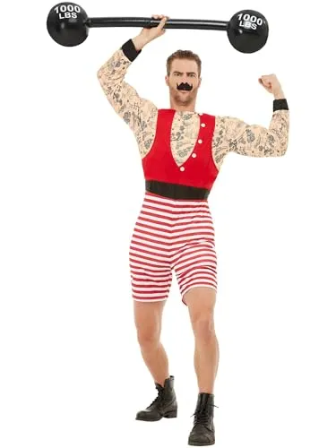 Smiffys Kostüm Stärkster Mann der Welt, Klassischer Jahrmarkts-Gewichtheber rot L - Kostüme für Erwachsene, beeindruckendes zweiteiliges Kostüm mit Muskel-Jumpsuit und Schnauzbart für einen unvergesslichen Auftritt auf jeder Mottoparty.