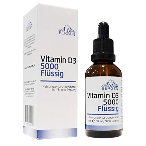 Premium Vitamin D3 Flüssig 50ml = 1850 Tropfen 1 Tropfen = 125µg (5000 I.E.) in MCT Öl gelöst Vitamin D3 Tropfen hochdosiert vegan Made in Germany Bergen