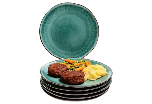 MamboCat Reactive Glaze Green 6er Set Speiseteller - 6 handgefertigte Steingut-Teller in einzigartigem Mintgrün mit Kupfer-Optik. Ideal für bis zu 6 Personen, perfekt für warme und kalte Mahlzeiten. Mikrowellen- und spülmaschinengeeignet.