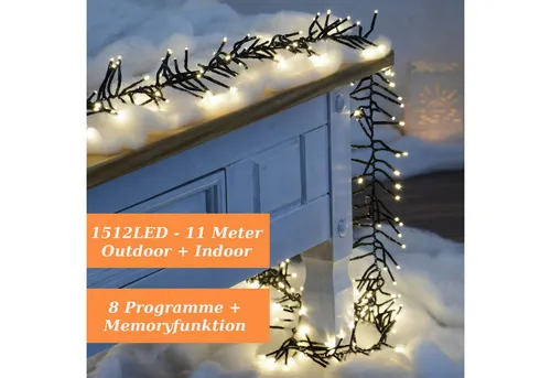 LED Clusterlichterkette warmweiß 1512 - 11 Meter für innen und außen, mit Timer und 8 Leuchtmodi für festliche Stimmung