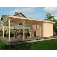 Weka Holz-Gartenhaus Loungehaus 225 Flachdach Unbehandelt - Holz-Gartenhaus mit 22,04 m² Grundfläche, ideal als Geräteschuppen oder Freizeithaus. Robuste Konstruktion und einfacher Aufbau dank Steck-Schraubsystem. Überdachte Außenfläche für zusätzlichen Stauraum oder Sitzgelegenheit.