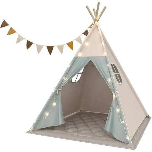 Tipi Zelt für Kinder, Waschbar Kinderzelt mit Gepolsterter Decke | Lichterkette, Tragetasche, Segeltuch Spielzelt für Mädchen & Jungen, Massive Kiefernholzstangen, Einfache Montage