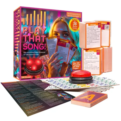 Play That Song! – Musikpartyspiel mit 500 Playcards - Gesellschaftsspiel mit 3.000 Fragen und Buzzer für unvergesslichen Musikspaß. Ideal für Partys und Familienabende – spielend leicht mit der App starten!