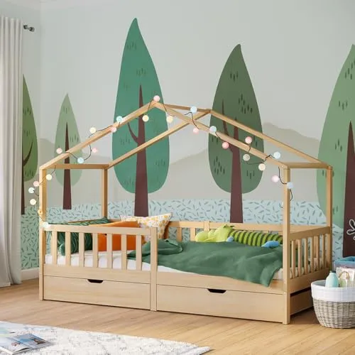 Bellabino Bia Kinderbett 90x200 cm – Hausbett mit Rausfallschutz, Lattenrost & 2 Schubladen – Montessori Kinder Bett aus Massivholz Kiefer – Bett für Jungen und Mädchen mit Stauraum in Natur