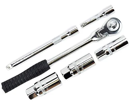 Zündkerzen Schlüssel Satz 16-18-21 mm mit Ratsche - Zündkerzenschlüssel aus Chrom Vanadium Stahl, flexibel bis 90° abwinkelbar, ideal für PKWs und Motorräder. Ergonomischer gummierter Griff für komfortables Arbeiten.