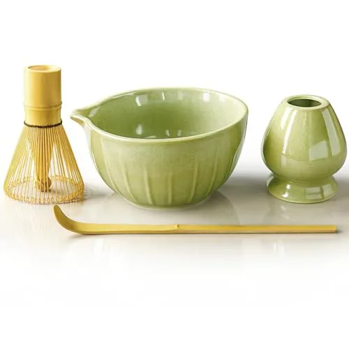 SURFOU Matcha Set 4 Stück, Matcha Schale mit Ausgießer, Bambus-Schneebesen, Schaufel & Besenständer, Leicht zu Reinigen, für Einsteiger, Matcha-Fans & zur Zubereitung von Milchkaffee-Liebhaber