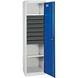 Werkzeugschrank 7 Schubladen B500xT500xH1800 mm RAL7035 - Werkstatteinrichtung mit 7 Schubladen und 2 Wannenböden, aus hochwertigem, langlebigem Feinblech, ideal für alle betrieblichen Bereiche. Mit zentralem Dreipunktverschluss für höchste Sicherheit.