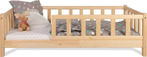 Kinderbett Bett mit Rausfallschutz 70x140cm -LEO mit Latternost. Bettgestell aus Kiefer Holz für Haus Kinder Jungen & Mädchen.