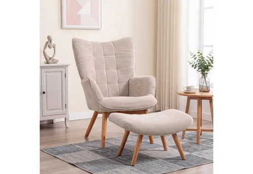 HOMCOM Ohrensessel mit Hocker, Beige, Hohe Rückenlehne von HOMCOM
