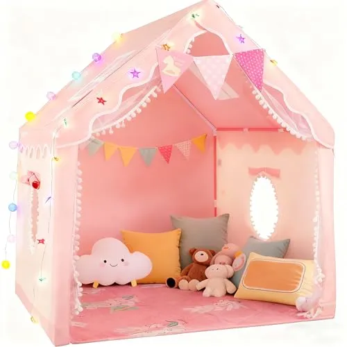 Spielzelt Kinder Indoor Outdoor,100 x 120 x 130 cm kinderzelt mit LED Lichterketten & Spielmatte, Einfach Aufzubauendes Zelt für Kinder ab 3 Jahre,Tragbarer Spielraum für Drinnen Draußen
