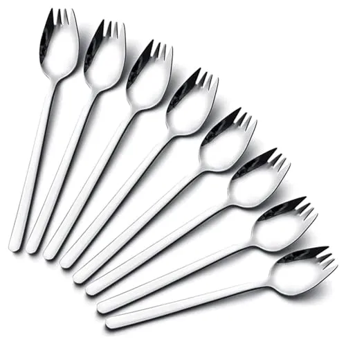 YFWOOD Sporks, 8 Stück 18/10 Edelstahl Sporks, Lang 18.8 cm Salatlöffel, Fruchtdessert Gebratene Reisnudelgabeln, Multifunktion Löffel und Gabel für Camping zu Hause oder auf Reisen
