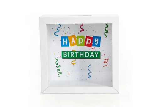 Logbuch-Verlag Dekofigur Sparbüchse Bilderrahmen Happy Birthday weiß bunt 14 x 14 cm