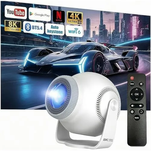 Mini Beamer Unterstützt 4K & 8K 1080P, Smart Beamer mit 5G WiFi 6 BT 5.4, Android 14-System, Tragbarer Projektor 270° Dreh mit HDMI/USB/DC, 8G Speicher, Auto Horizontal Trapezoid Correction (Weiß)