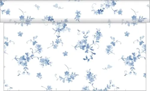 Sovie HOME Tischläufer Bonnie, BLAU, Linclass® Airlaid, 40cm x 4,80m, 1 Stück, perforiert alle 30cm, zartes Blütendesign, Ideal für Hochzeiten & Partys