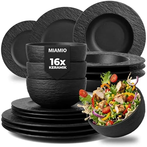 MIAMIO 16-teiliges Geschirr-Set - Modernes Keramik Geschirr für 4 Personen - Oasis Kollektion (Schwarz) - Entdecken Sie unser 16-teiliges Geschirr-Set aus hochwertigem Steingut für stilvolle Tischdekoration. Mikrowellen- und spülmaschinenfest, ideal für jeden Anlass!