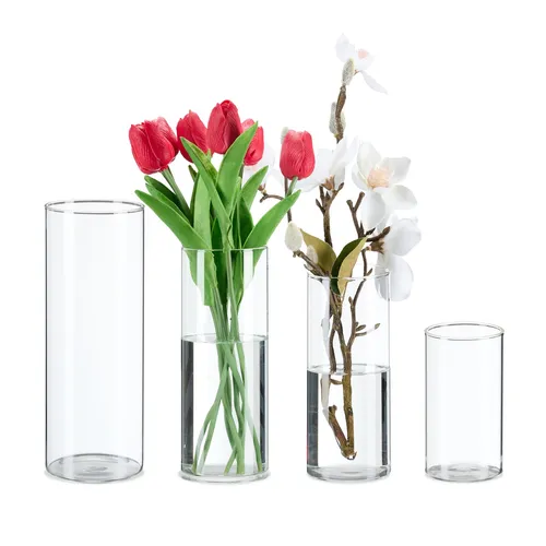 Elegantes Vasen-Set aus Glas - Set aus 3 transparenten Zylindervasen (Höhe: 25 cm), ideal für jede Raumgestaltung und perfekt für frische Blumen in Wohnzimmer, Küche oder Flur.