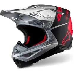 Alpinestars Supertech S-M10 Flood 2024 Motocross Helm - Motorradhelm in schwarz-rot-silber, leicht und sicher mit ECE-Zertifizierung, ideal für anspruchsvolle Fahrer.
