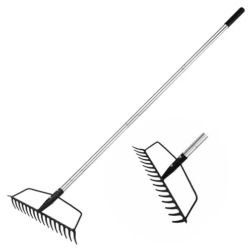 BARAYSTUS Garten Rechen ,Metall Rechen für Rasenflächen Schwerlast aus Edelstahl Verstellbarer Gartenrechen zum Nivellieren von Sandboden und Sammeln von Blättern Garden Rake Carbon Steel Sturdy