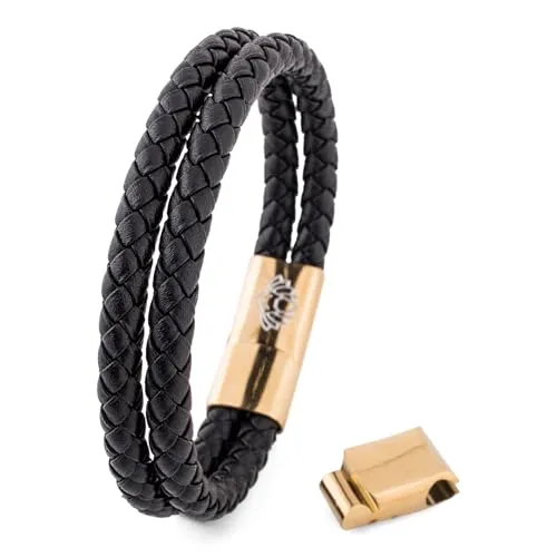 Akitsune Simplicitas Lederarmband | Magnetisch Premium Armschmuck Frauen Herren Geflochten Männer Handgefertigt Armband - Gold - Schwarz 22cm