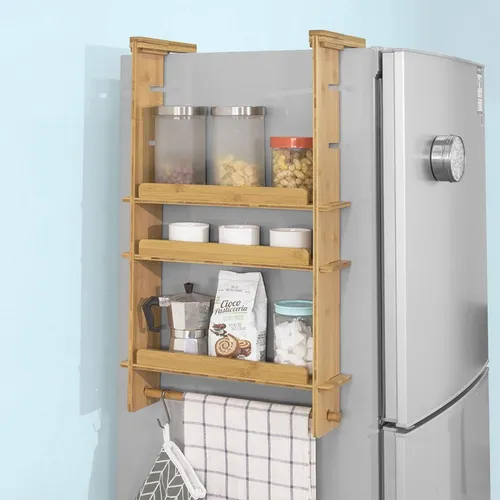 SoBuy Hängeregal FRG150 - Verstellbares Gewürzregal für Kühlschrank - Hängeregal aus naturbelassenem Bambus mit 3 verstellbaren Ablagen, ideal für die platzsparende Organisation in der Küche.