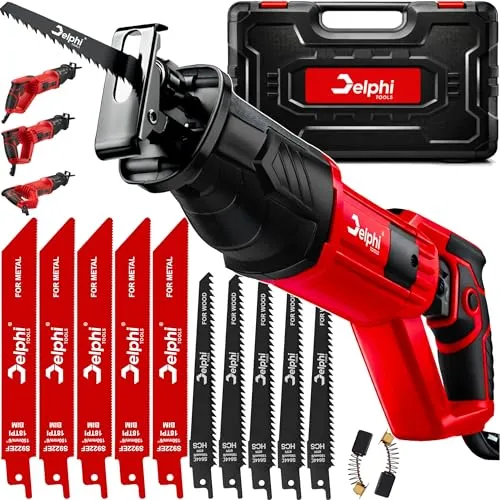 Delphi Elektrische Säbelsäge SDS 600-2700 RPM (6-stufige Einstellung) elektrischer Fuchsschwanz mit drehbarem Griff, Reciprosäge Set mit Koffer, 10 Sägeblättern und 2 Kohlebürsten