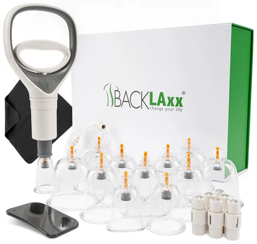 BACKLAXX ® Schröpfgläser Set mit Vakuumpumpe - Utensilien für Rückenmassage: Hochwertiges Schröpfset mit 12 bruchfesten Gläsern, Therapiemagneten und Videokurs für effektive Entspannung und Schmerzlinderung.