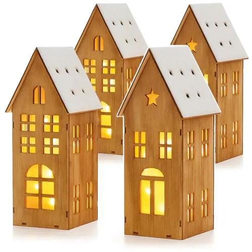 com-four® 4x beleuchtetes Holzhäuschen mit LED-Lichtern und Timer (6h an/18h aus) - Weihnachtsdekoration für Tisch oder Fensterbank - winterliche Holzdeko [Auswahl variiert] (4x Holzhaus)