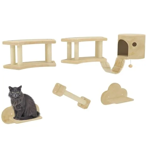 PawHut Katzen-Kletterwand mit Kratzstamm - Kratzbäume für Katzen bis 5 kg, 5-teiliges Set mit Klettergerüst und plüschüberzogenem Haus für Spiel und Spaß, ideal zur Förderung der Aktivität und zum Schutz Ihrer Möbel.