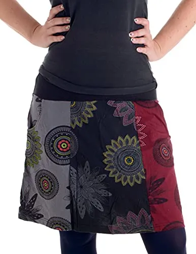 Vishes Patchworkrock aus Baumwolle mit Blumenprint – Schwarz-Rot 34/36 - Bequemer, kurzer Patchworkrock mit dehnbarem Jerseybund. Einzigartiges Design aus Nepal, perfekt für Frühling bis Herbst. ACHTUNG: Unikat – Farben der Streifen können variieren.