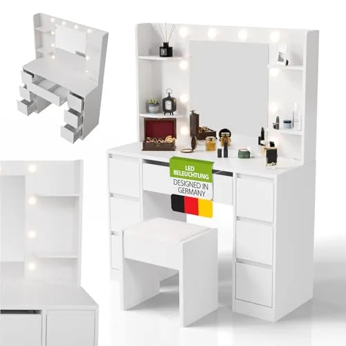 Juskys Schminktisch Malia mit LED-Beleuchtung - Modernes Schminktisch-Set mit 7 Schubladen und dimmbarer LED-Beleuchtung in 3 Helligkeitsstufen – ideal für deinen persönlichen Beauty-Raum.