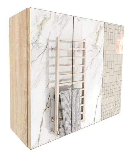 möbelkap Spiegelschrank Bad 60x50x17,8 cm Sonoma Eiche – Moderner Hängeschrank mit Spiegel und Stauraum - Eleganter Spiegelschrank für Ihr Badezimmer – Mit 3 Ablageflächen für geordnete Kosmetik und Pflegeprodukte. Beidseitig montierbare Tür für flexible Anpassung. Robuste, pflegeleichte Materialien sorgen für Langlebigkeit.