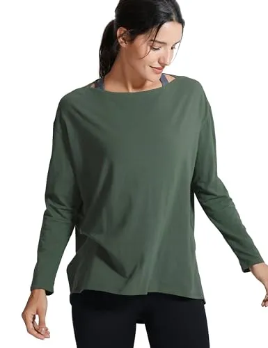 CRZ YOGA Damen Pima Baumwolle Sport Langarmshirt Fitness Yoga Langarm Leichte Shirt Longsleeve Lässig Oberteile Olivgrün 42