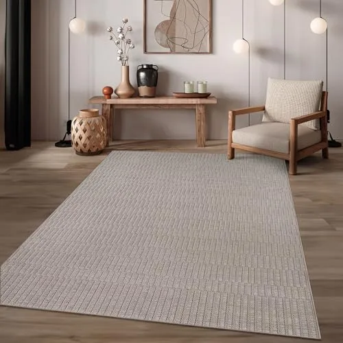 TT Home In-& Outdoorteppich Wetterfest Terrasse Balkon Esszimmer Boho Motiv Moderner Skandi Look Unifarben, Farbe:Beige, Größe:300x400 cm