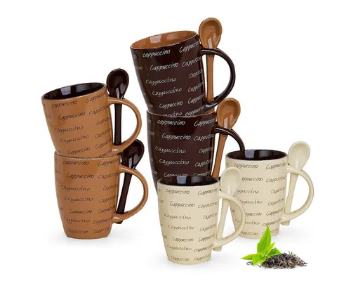 matches21 HOME & HOBBY Tasse Kaffeetassen Löffel 6er Set mit Spruch Cappuccino, 6-tlg., Keramik, Tee Kaffee-Becher, modern, cremefarben braun, 250 ml