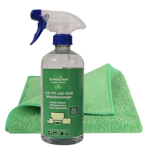 ScreenClean - Bildschirmreiniger Set - 500ml hochwirksamer Premium Bildschirmreiniger für OLED-LCD-TFT-LED Displays -Pumsprayflasche 100% Recycling r-Pet Flaschen + XXL Microfasertuch 40x40cm
