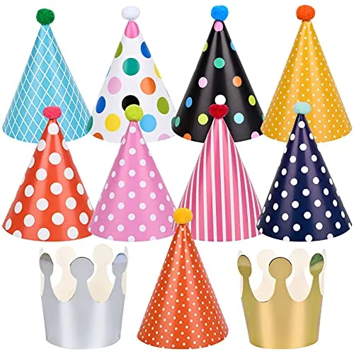 Chstarina 11 Stück Partyhüte zum Geburtstag mit Pompons, Partyhüte Party Kegel Hüte, Geburtstagshut Geburtstagskrone für Kinder, Geburtstagsfeier Dekoration für Kindergeburtstag