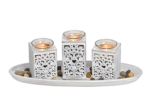 Teelichthalter Dekoset 8-teilig mit Tablett - Shabby weiß - Tischdeko Set inklusive Steine - Kerzen Tablett Teelicht Halter Tisch Deko Landhaus inklusive Kies