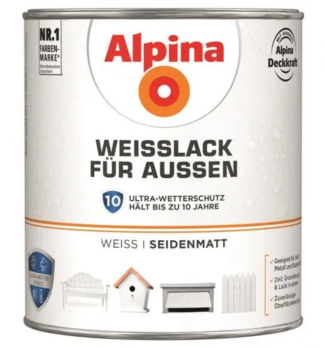 Alpina Weißlack für Außen 2 Liter seidenmatt - Hochwertiger Außenlack in seidenmattem Weiß, ideal für Holz und Metall, sorgt für langanhaltenden Schutz und eine ansprechende Optik.