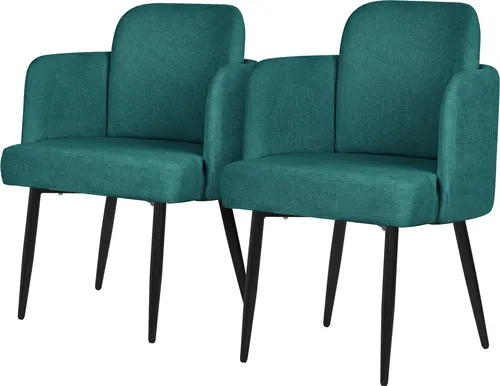ML-Design 2er Set Esszimmerstuhl Petrol Stoffbezug Küchenstuhl mit Armlehne & Rattan-Optik Rückenlehne Polsterstuhl mit Metallbeinen Ergonomische