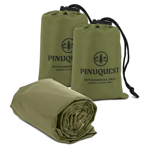 PINUQUEST Rettungsdecke 26 µm (2er-Set) - Extra Dicke & Robuste Erste Hilfe Decke, Notfalldecke für Outdoor, Survival, Camping, Wandern | Wasser- und Winddicht (210 × 160 cm) (Grün)